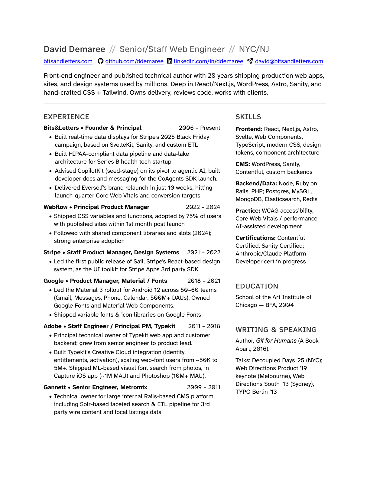Preview of David Demaree's front-end engineering resume